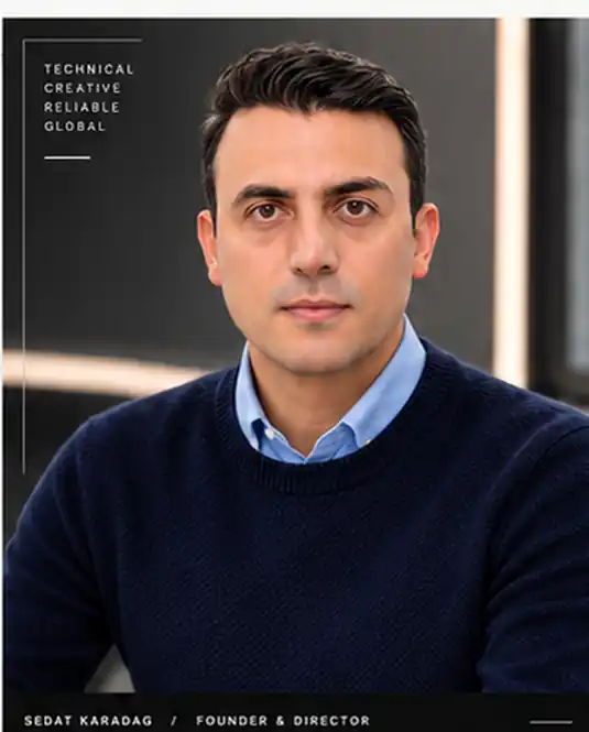 Sedat Karadag wearing a navy sweater and light blue shirt, founder of SEDKAR
