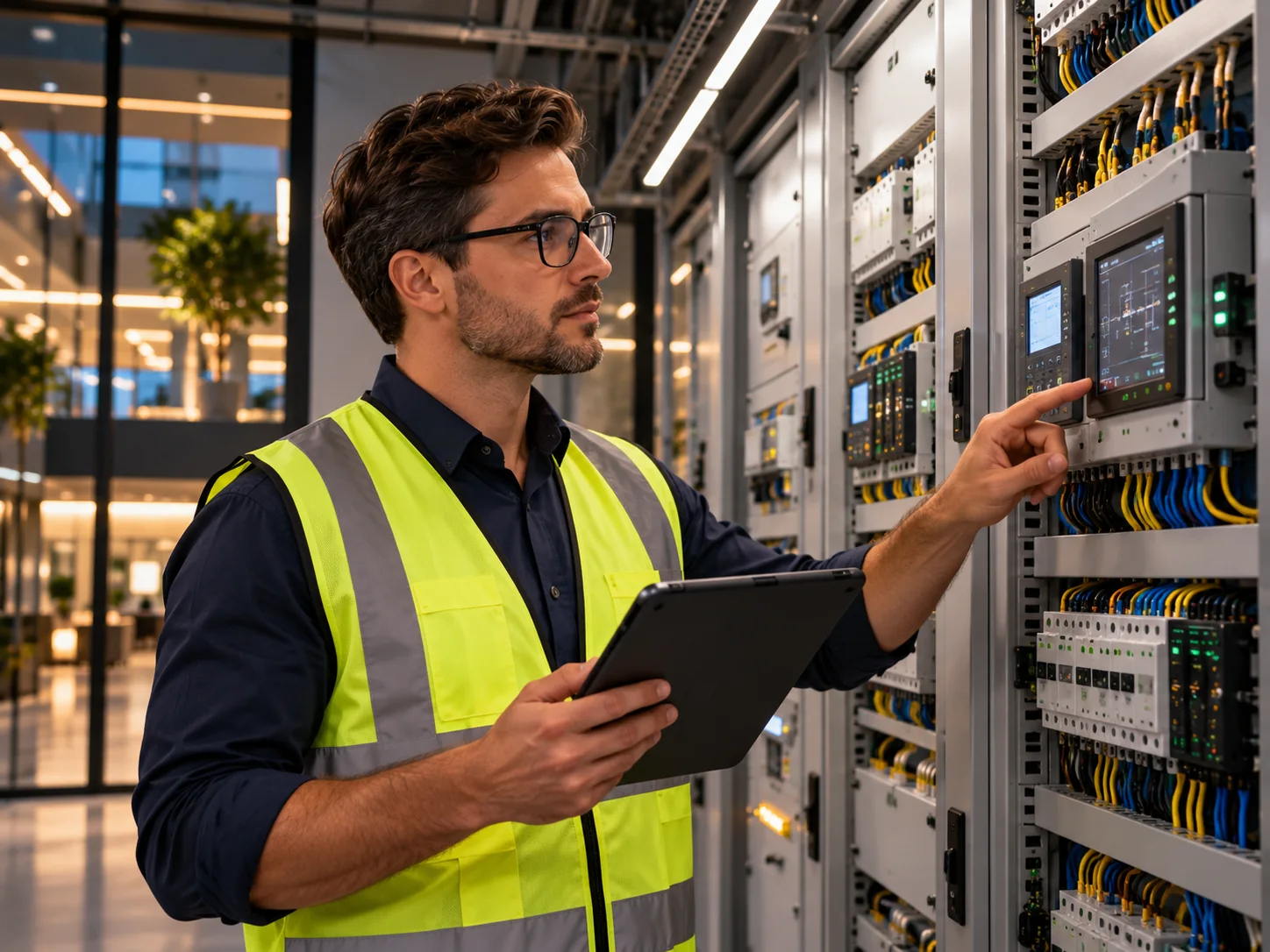 Engineer reviewing integrated building control system displays