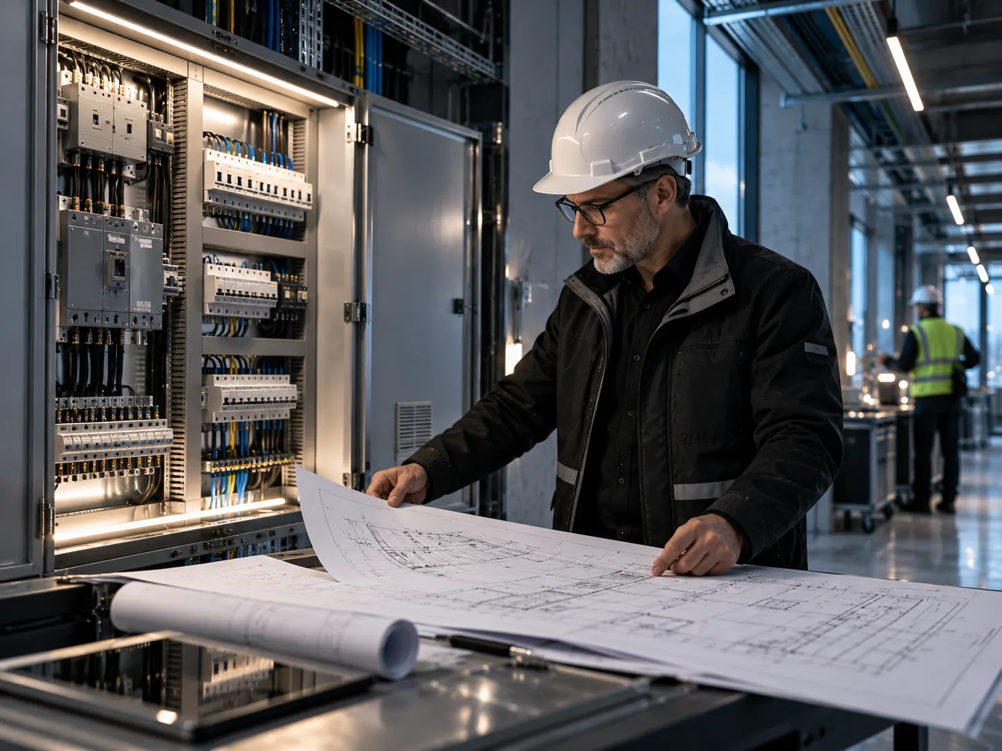 Engineer reviewing electrical cabinet and technical drawings at a construction site