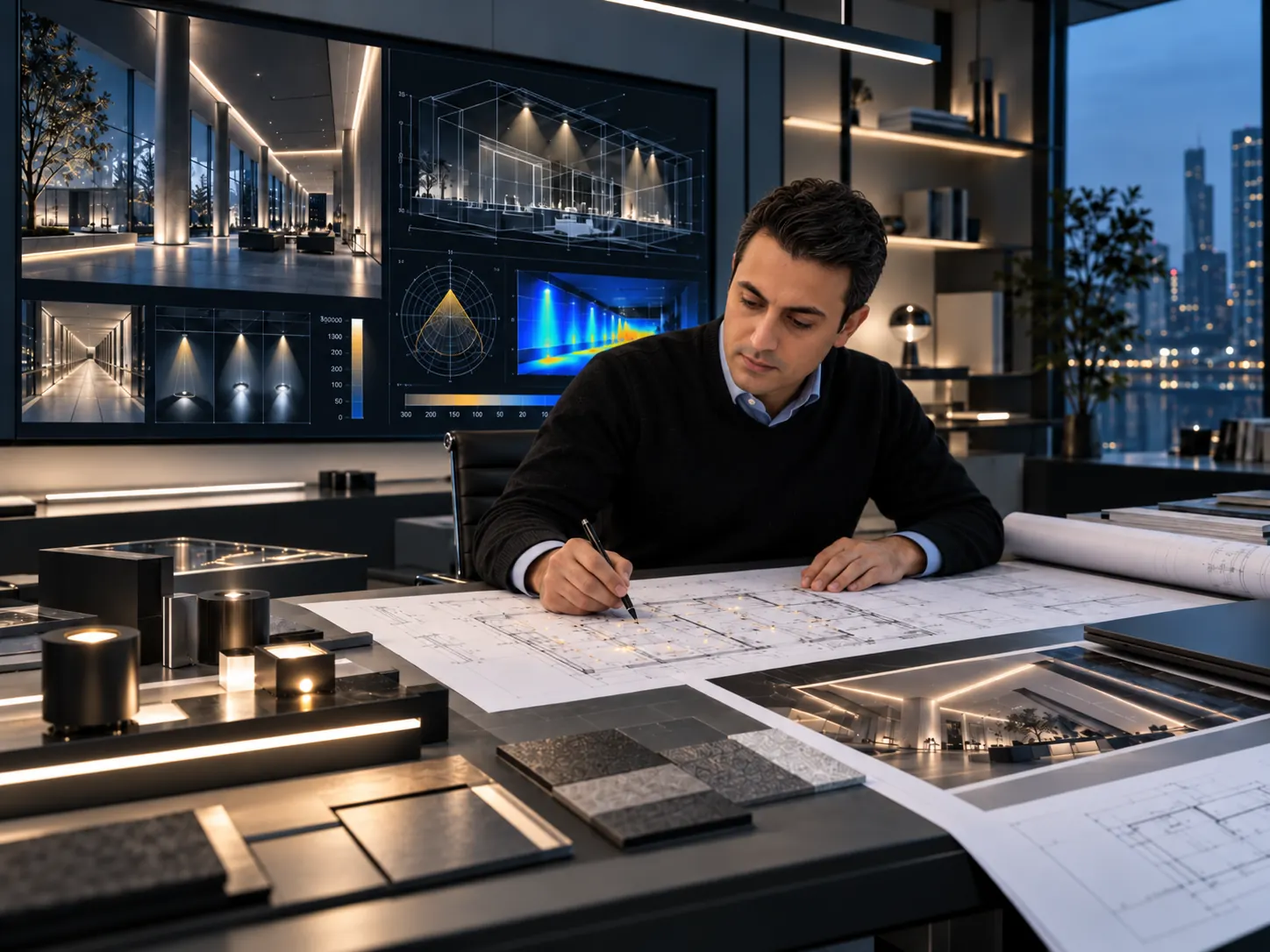 AI-created illustrative scene of SEDKAR consultant reviewing architectural lighting drawings