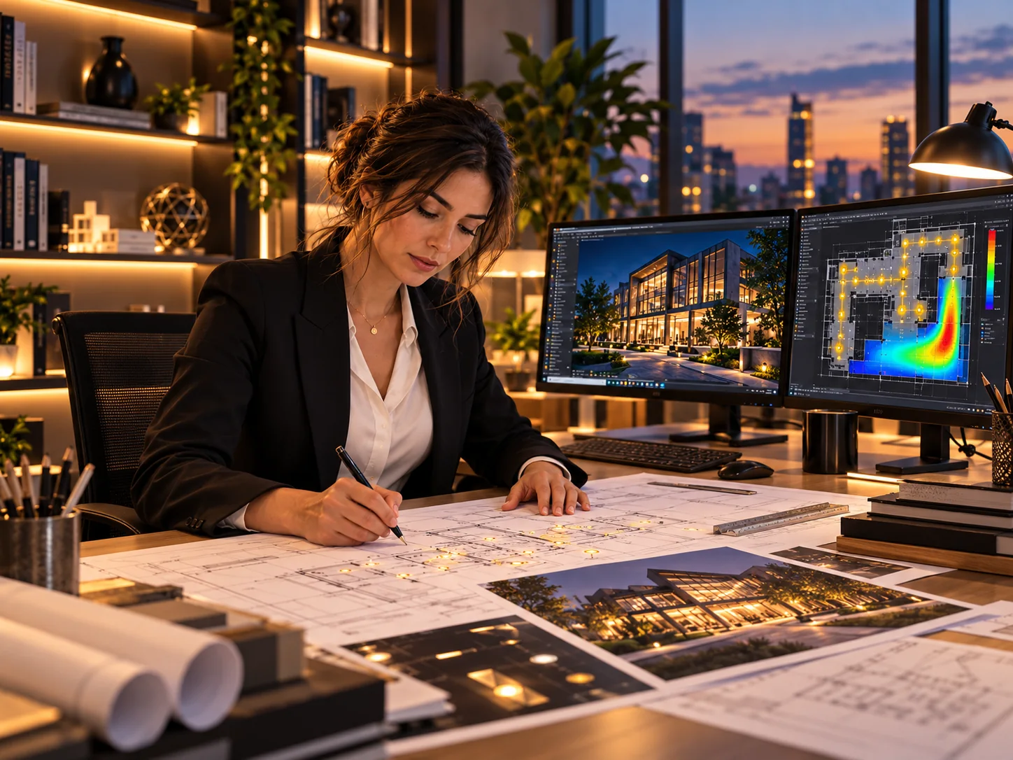 Designer reviewing architectural lighting plans in a modern studio